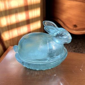 Blue glass bunny vintage box teal blue Easter spring  antique cut pressed glass